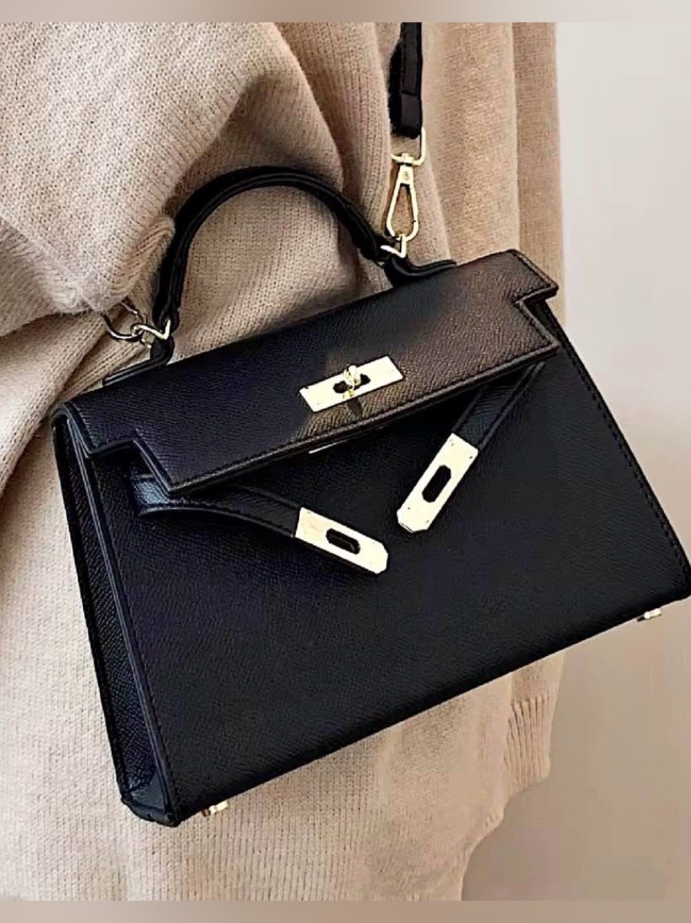 NEW Classic Structured Black Top-Handle Bag with Gold Hardware